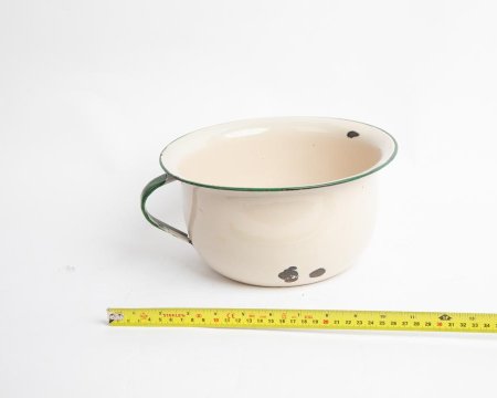 Chamber Pot in Enamel Cream with Green Rim